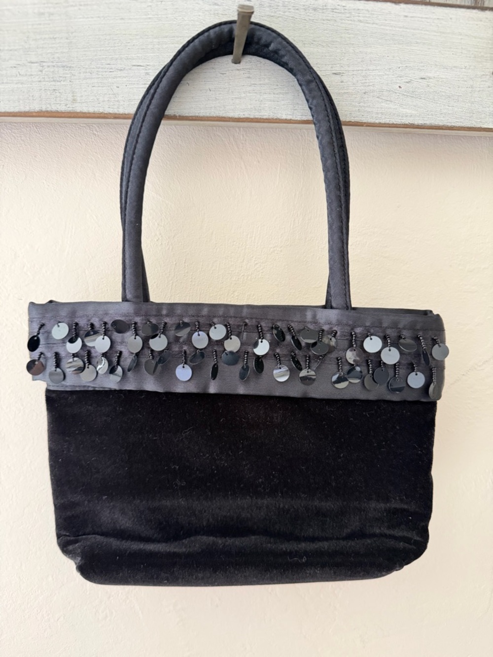 Avon 1990’s Black Velvet Handbag with Sequins. Comes with Small Mirror